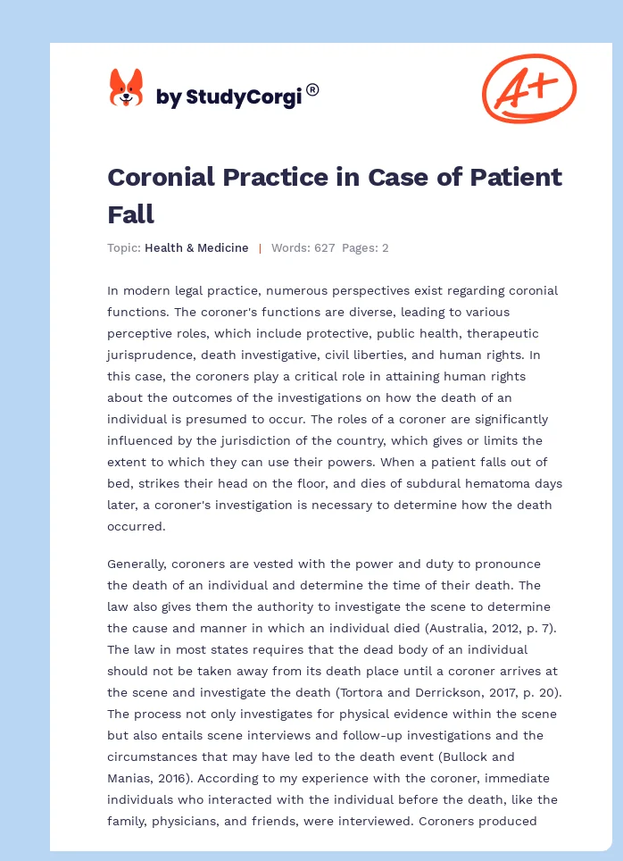 Coronial Practice in Case of Patient Fall. Page 1