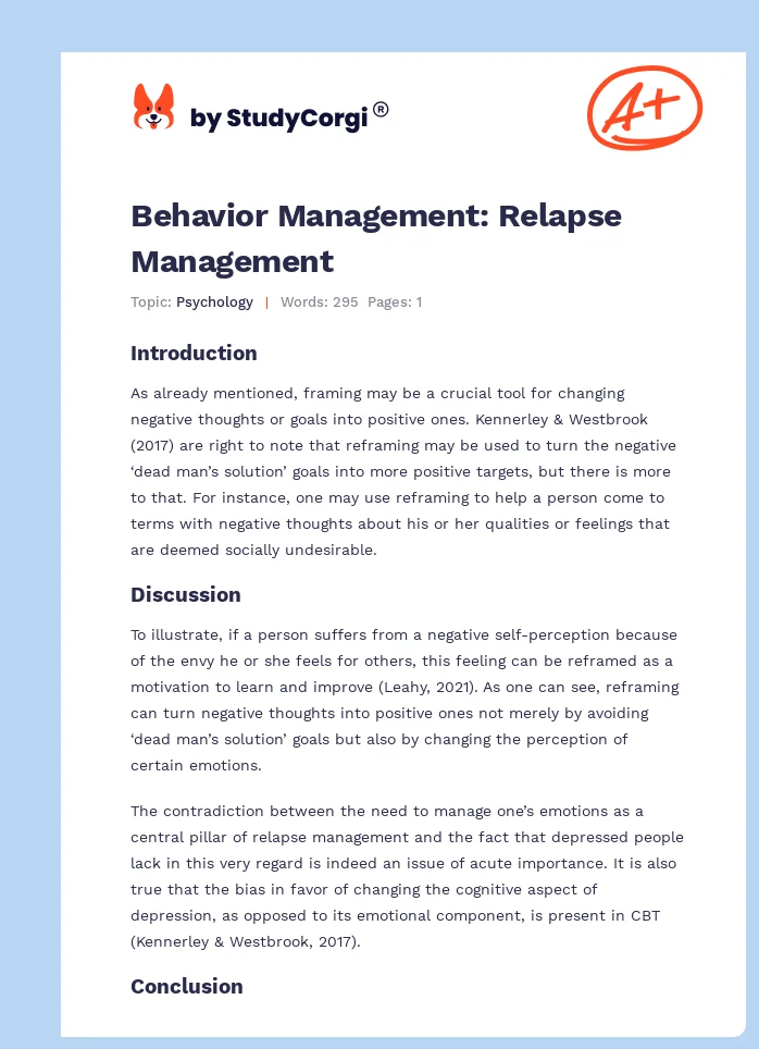 Behavior Management: Relapse Management. Page 1