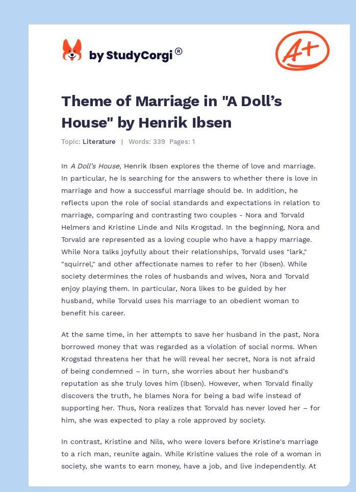 Theme of Marriage in "A Doll’s House" by Henrik Ibsen. Page 1
