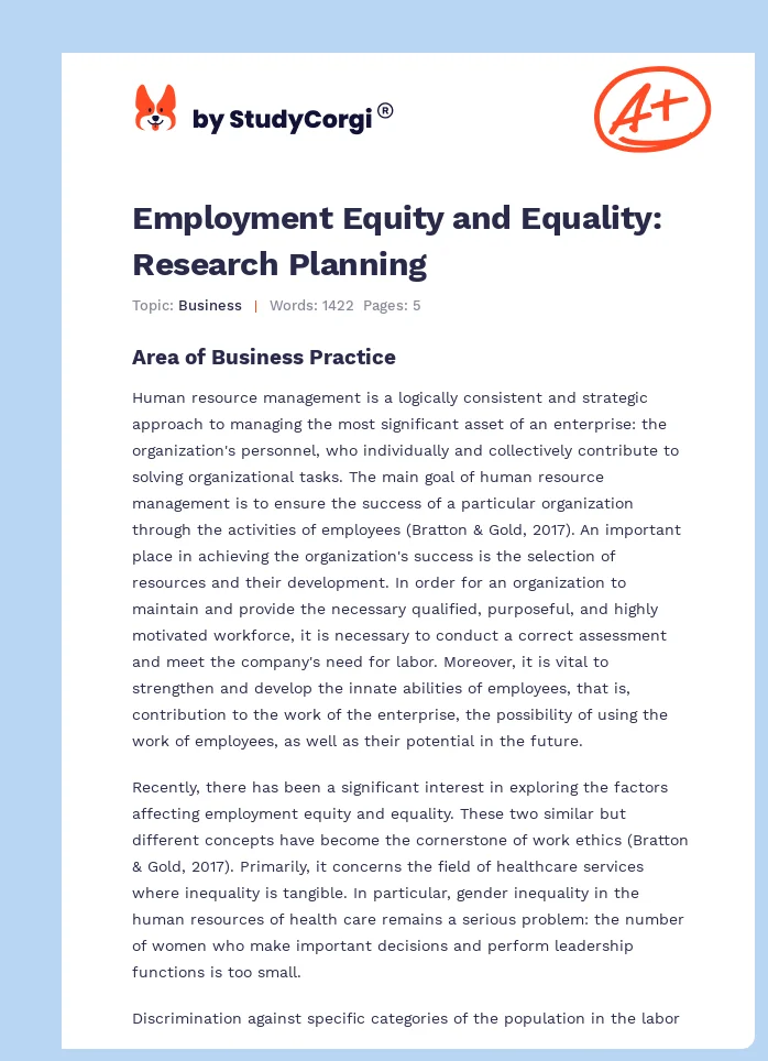 Employment Equity and Equality: Research Planning. Page 1