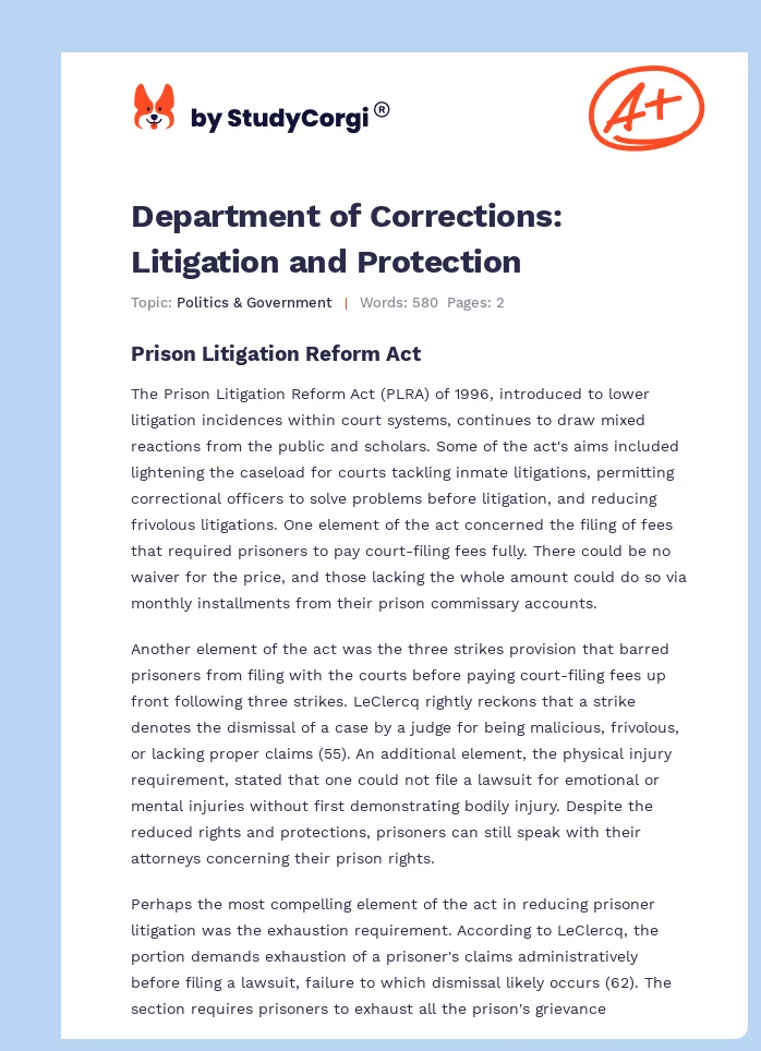 Department of Corrections: Litigation and Protection. Page 1