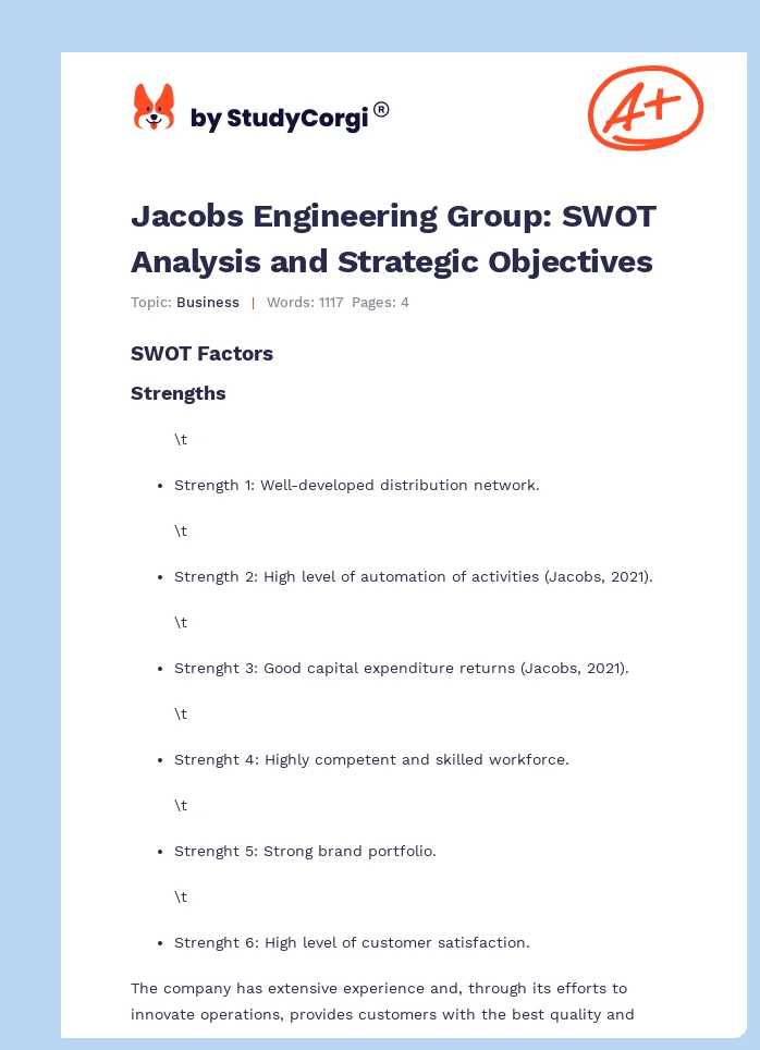 Jacobs Engineering Group: SWOT Analysis and Strategic Objectives. Page 1