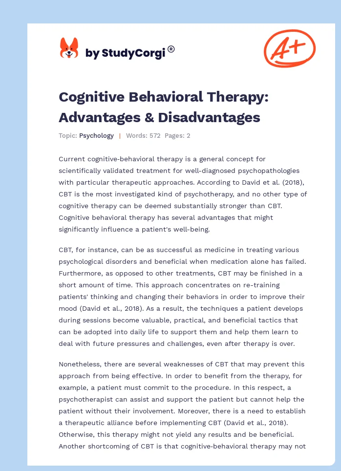 Cognitive Behavioral Therapy: Advantages & Disadvantages. Page 1