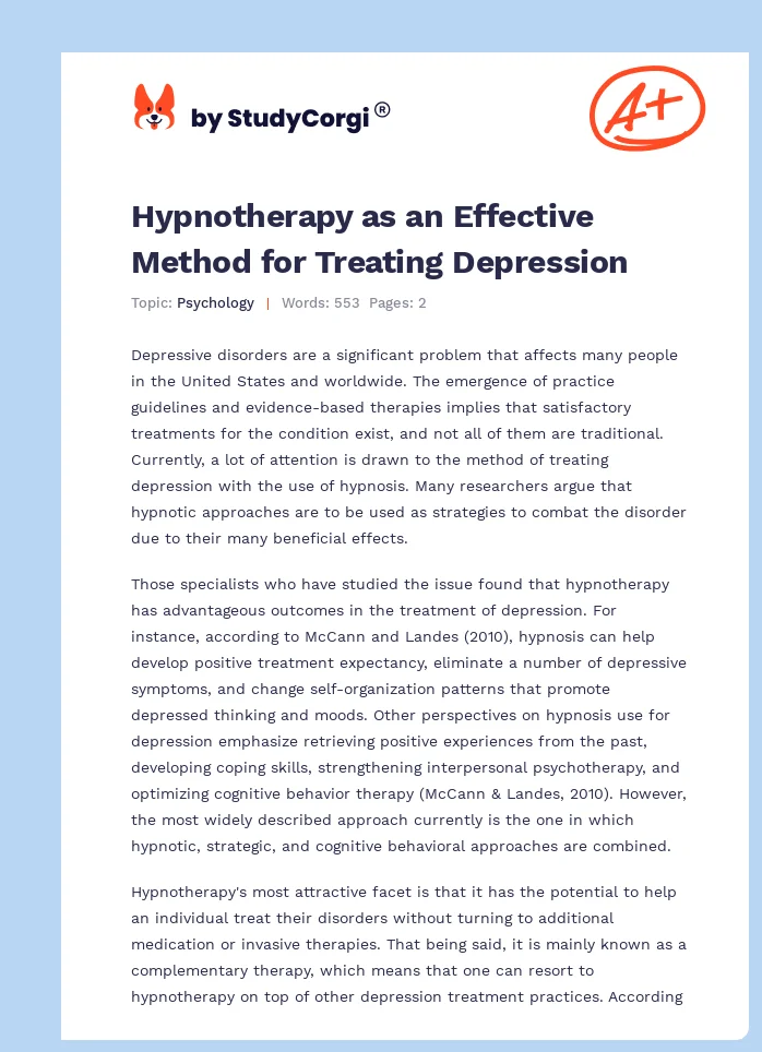 Hypnotherapy as an Effective Method for Treating Depression. Page 1