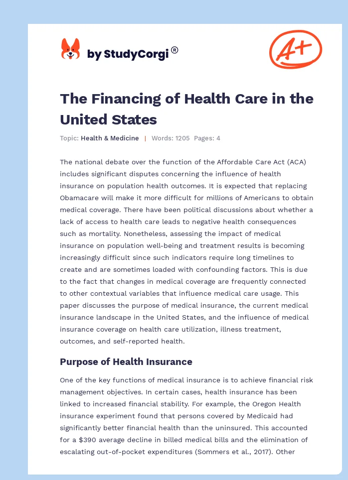 The Financing of Health Care in the United States. Page 1