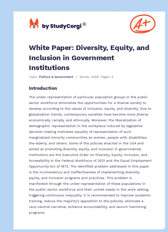White Paper: Diversity, Equity, and Inclusion in Government Institutions. Page 1