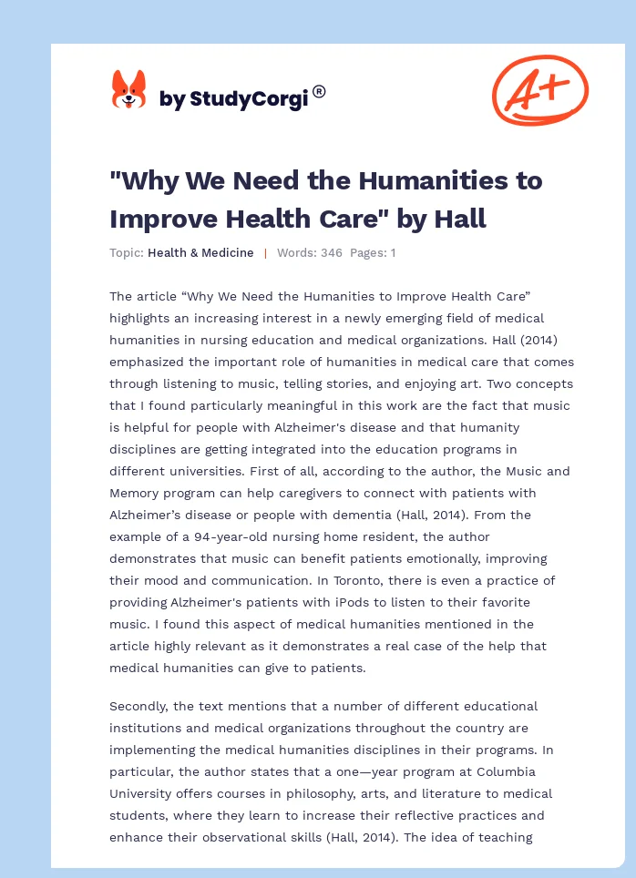 "Why We Need the Humanities to Improve Health Care" by Hall. Page 1