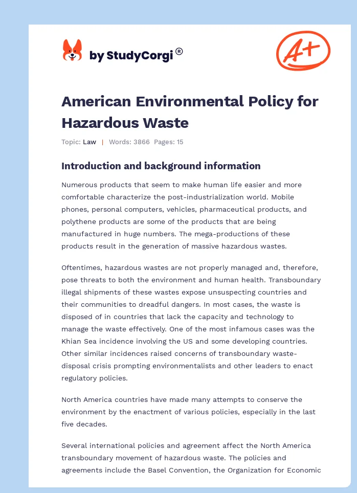 American Environmental Policy for Hazardous Waste. Page 1