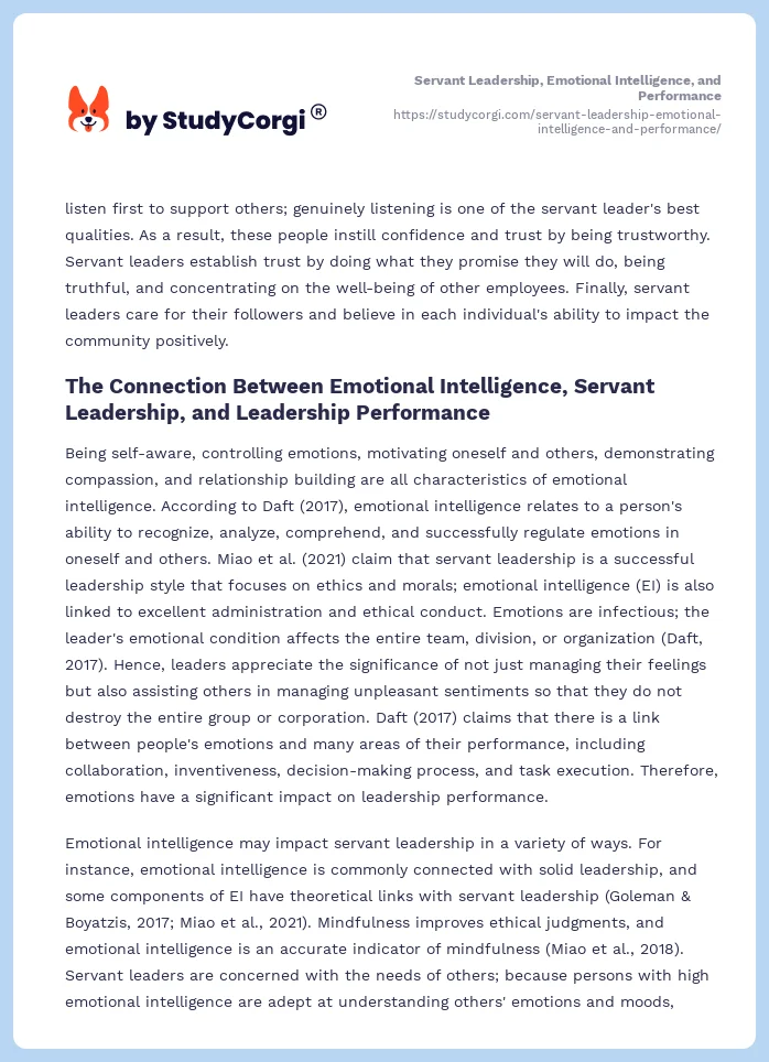 Servant Leadership, Emotional Intelligence, and Performance. Page 2