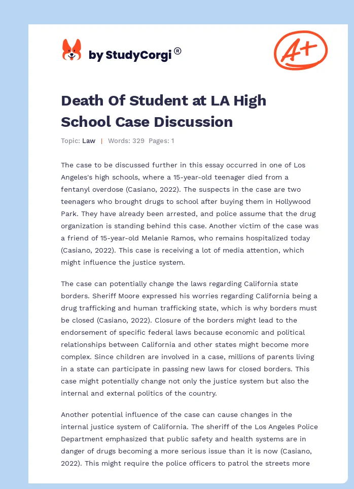 Death Of Student at LA High School Case Discussion. Page 1