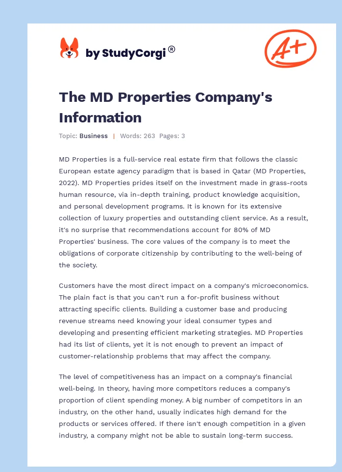 The MD Properties Company's Information. Page 1