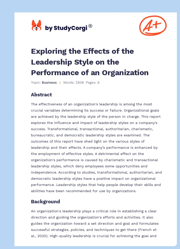 Exploring the Effects of the Leadership Style on the Performance of an Organization. Page 1