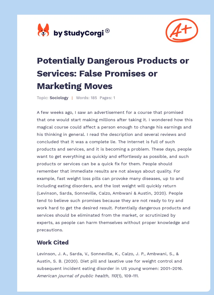 Potentially Dangerous Products or Services: False Promises or Marketing Moves. Page 1