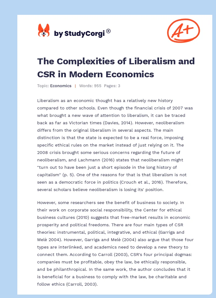 The Complexities of Liberalism and CSR in Modern Economics. Page 1