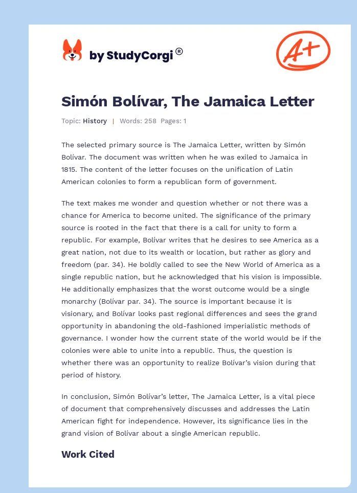 Simón Bolívar, The Jamaica Letter. Page 1