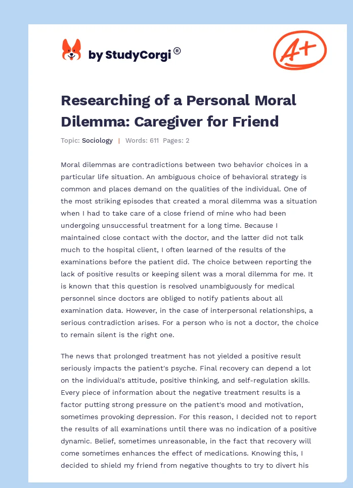 Researching of a Personal Moral Dilemma: Caregiver for Friend. Page 1