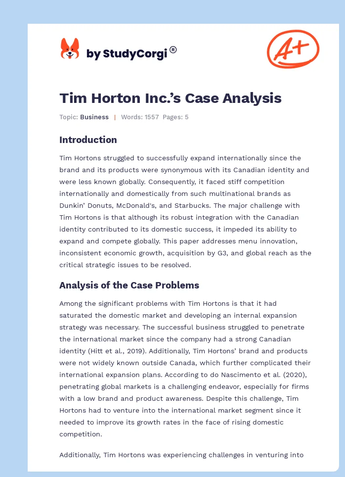 Tim Horton Inc.’s Case Analysis. Page 1