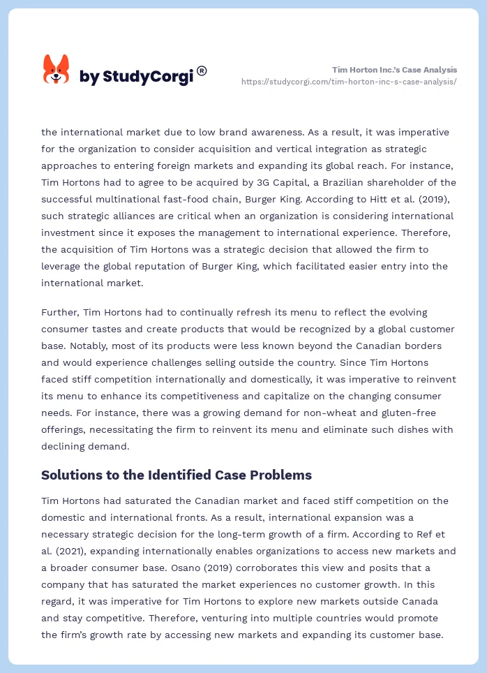 Tim Horton Inc.’s Case Analysis. Page 2