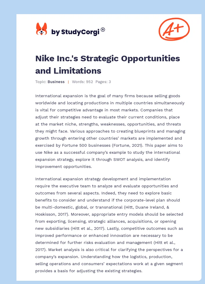 Nike Inc.'s Strategic Opportunities and Limitations. Page 1