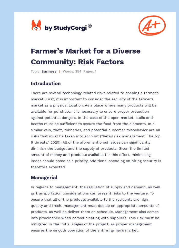 Farmer’s Market for a Diverse Community: Risk Factors. Page 1