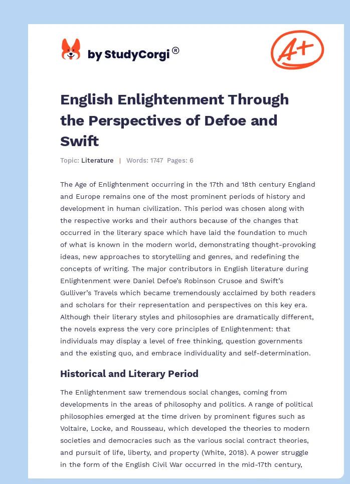 English Enlightenment Through the Perspectives of Defoe and Swift. Page 1