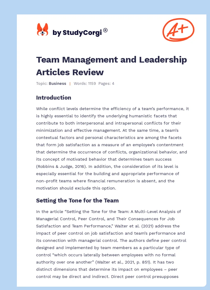Team Management and Leadership Articles Review. Page 1