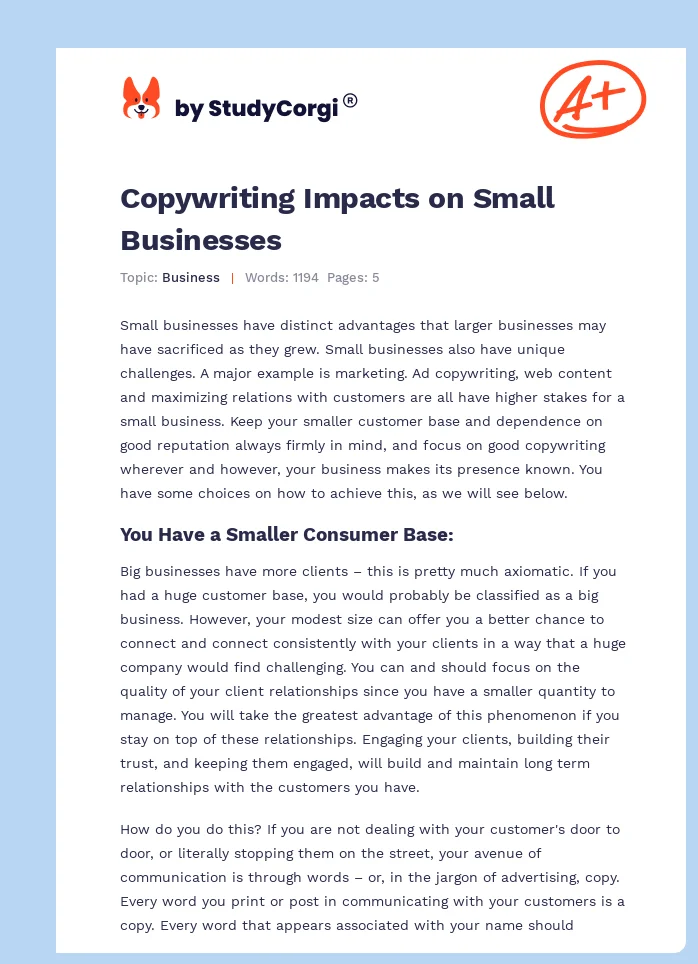 Copywriting Impacts on Small Businesses. Page 1