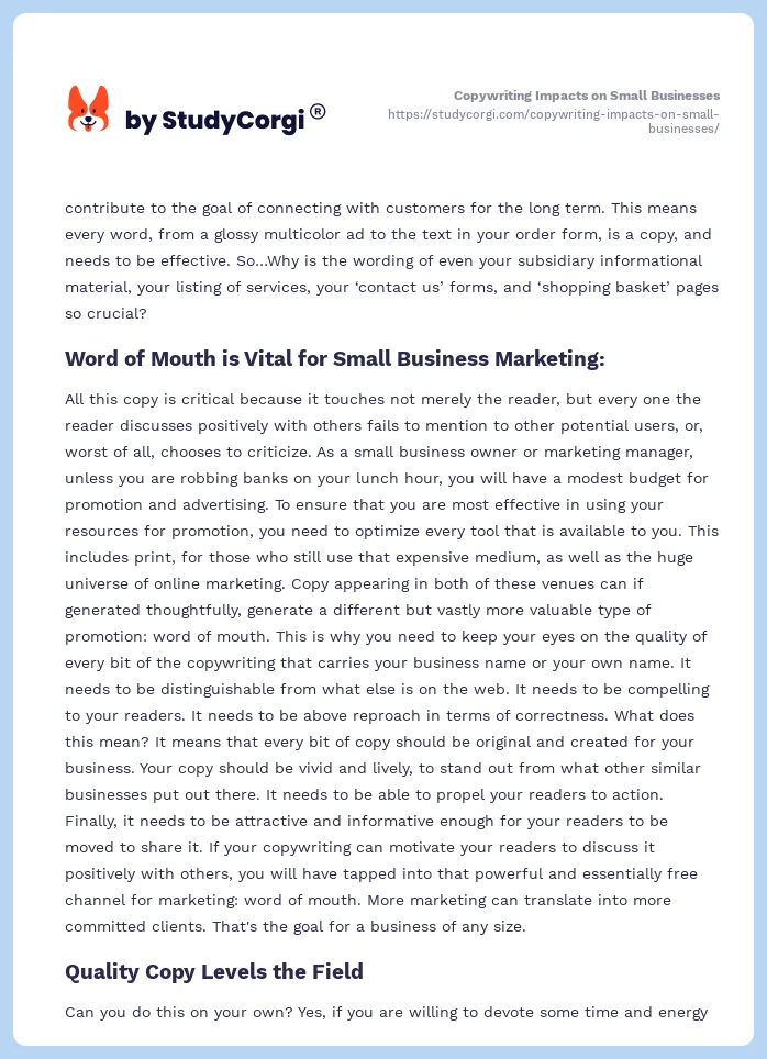 Copywriting Impacts on Small Businesses. Page 2