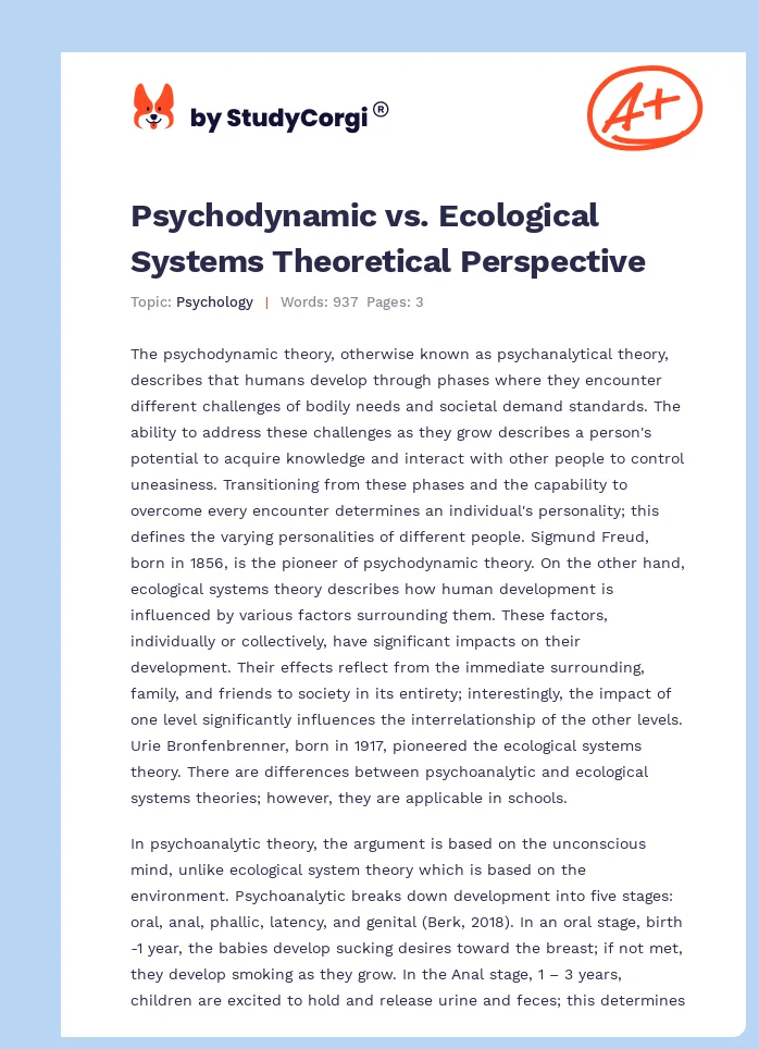 Psychodynamic vs. Ecological Systems Theoretical Perspective. Page 1