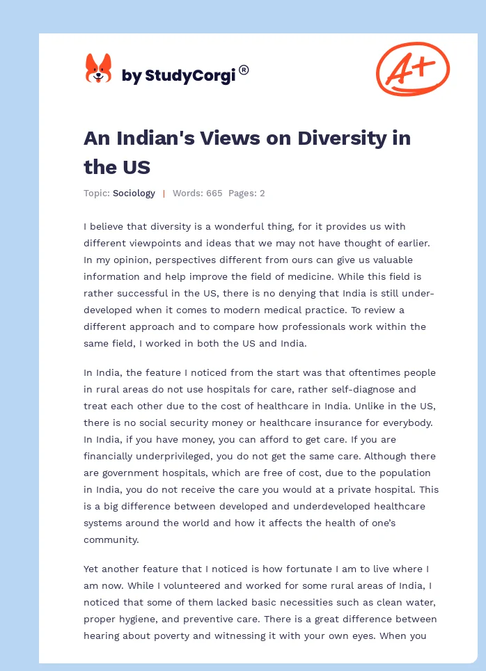 An Indian's Views on Diversity in the US. Page 1