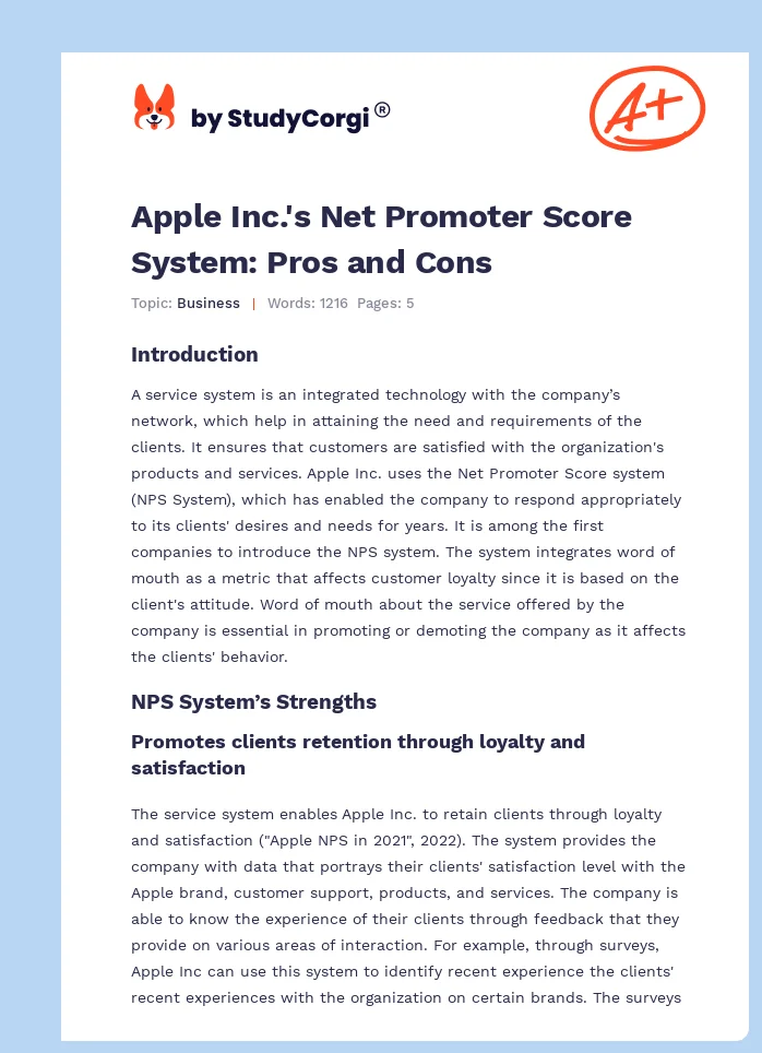 Apple Inc.'s Net Promoter Score System: Pros and Cons. Page 1