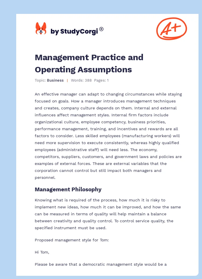 Management Practice and Operating Assumptions. Page 1