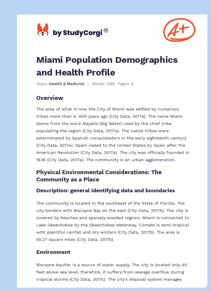 Miami Population Demographics and Health Profile. Page 1