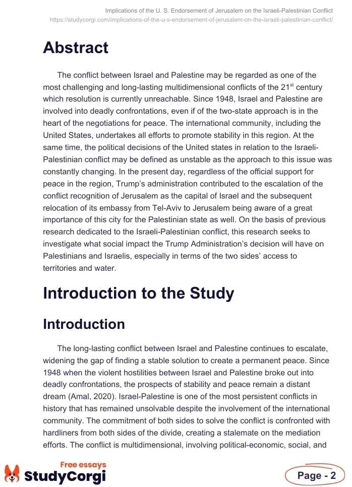 Implications of the U. S. Endorsement of Jerusalem on the Israeli-Palestinian Conflict. Page 2