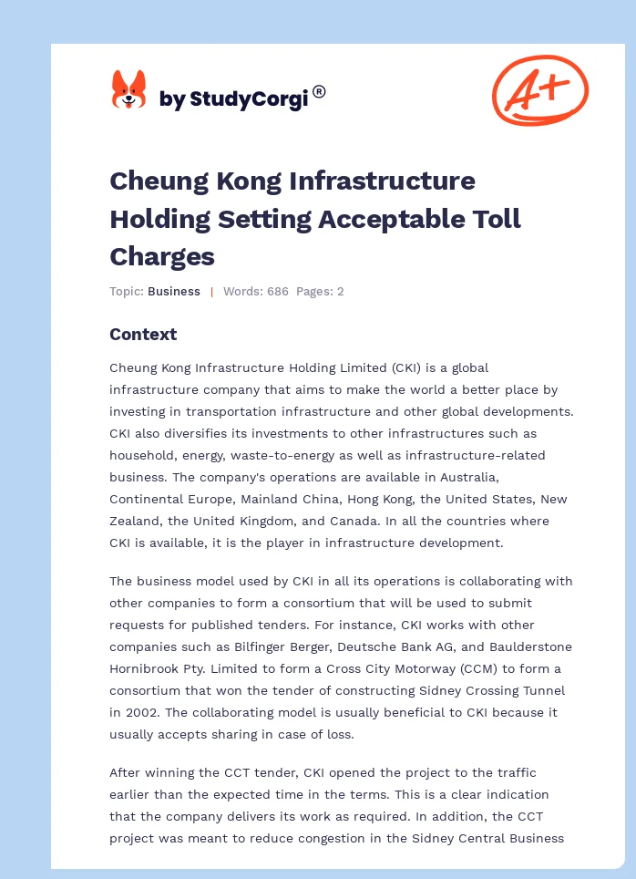 Cheung Kong Infrastructure Holding Setting Acceptable Toll Charges. Page 1