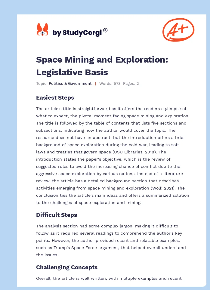 Space Mining and Exploration: Legislative Basis. Page 1