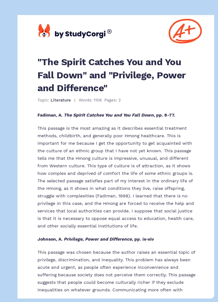 "The Spirit Catches You and You Fall Down" and "Privilege, Power and Difference". Page 1