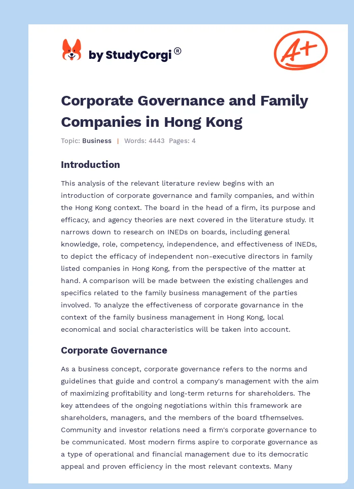 Corporate Governance and Family Companies in Hong Kong. Page 1