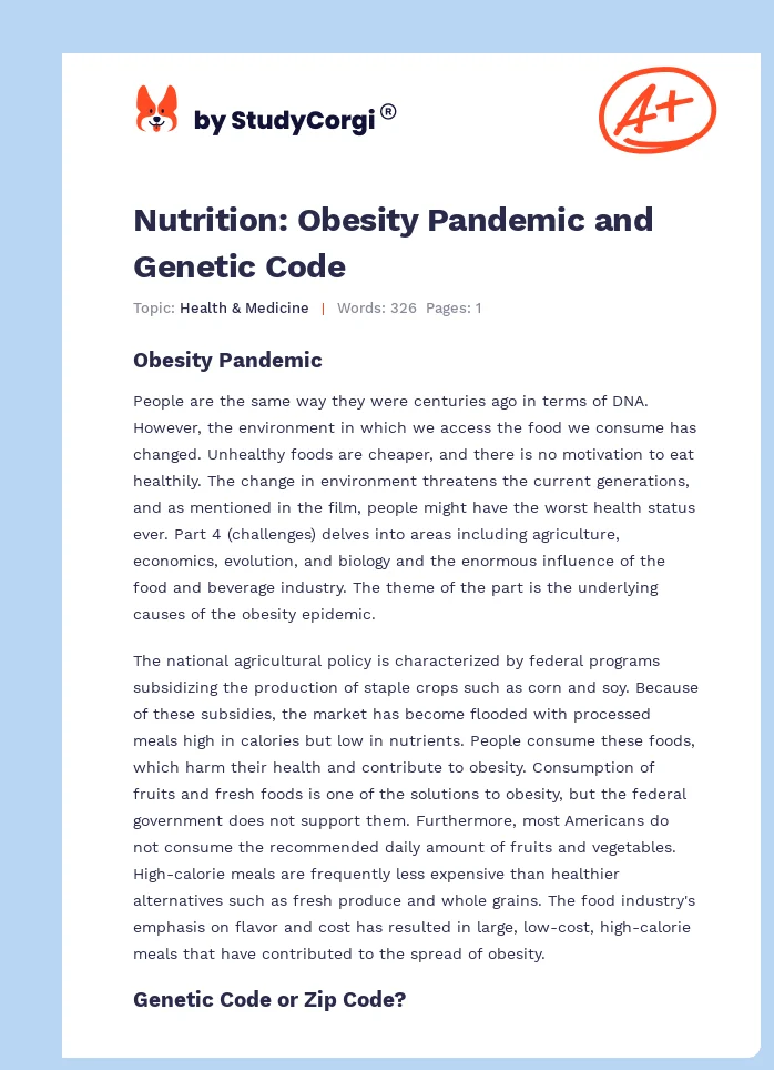 Nutrition: Obesity Pandemic and Genetic Code. Page 1