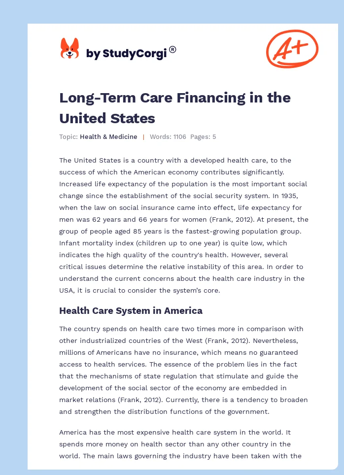 Long-Term Care Financing in the United States. Page 1