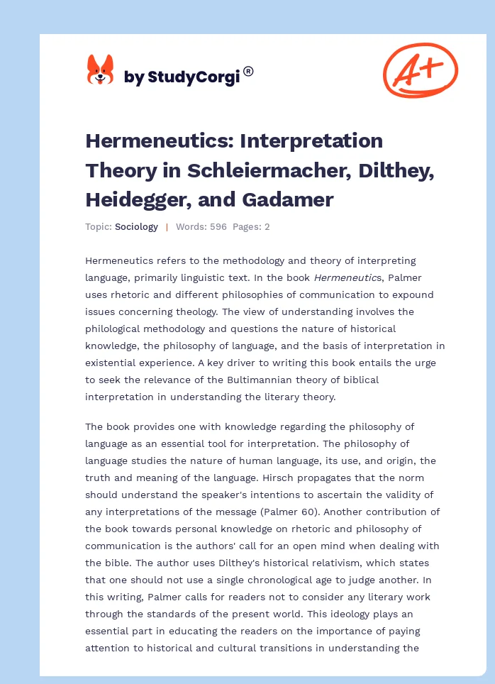 Hermeneutics: Interpretation Theory in Schleiermacher, Dilthey, Heidegger, and Gadamer. Page 1