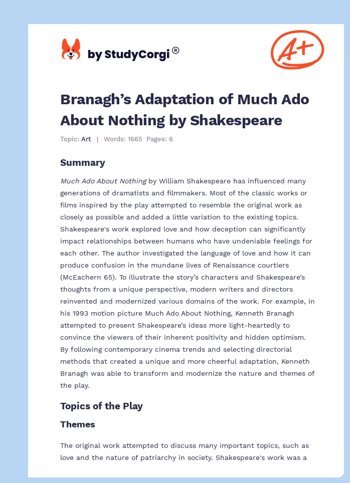 Branagh’s Adaptation of Much Ado About Nothing by Shakespeare. Page 1