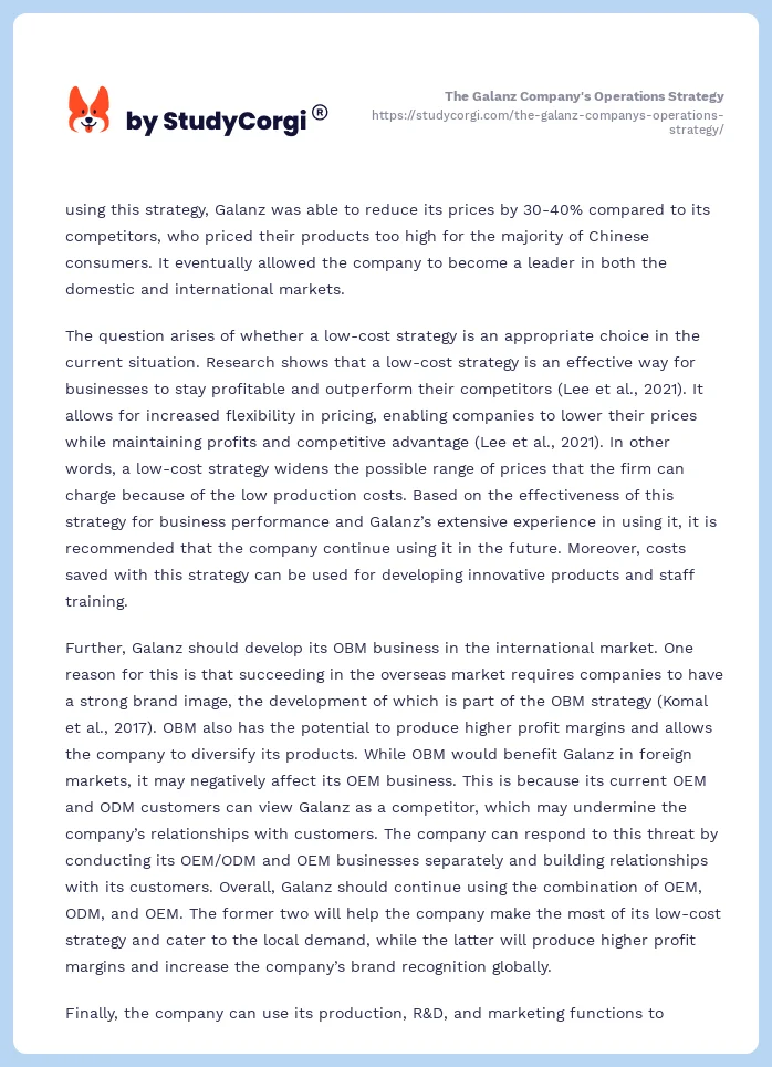 The Galanz Company's Operations Strategy. Page 2