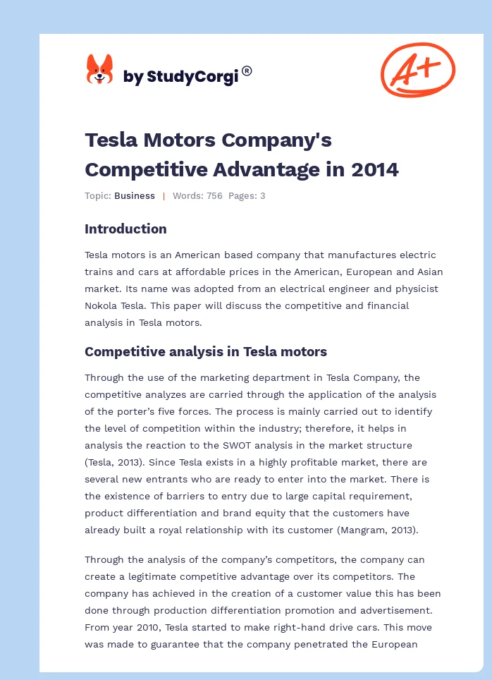 Tesla Motors Company's Competitive Advantage in 2014. Page 1