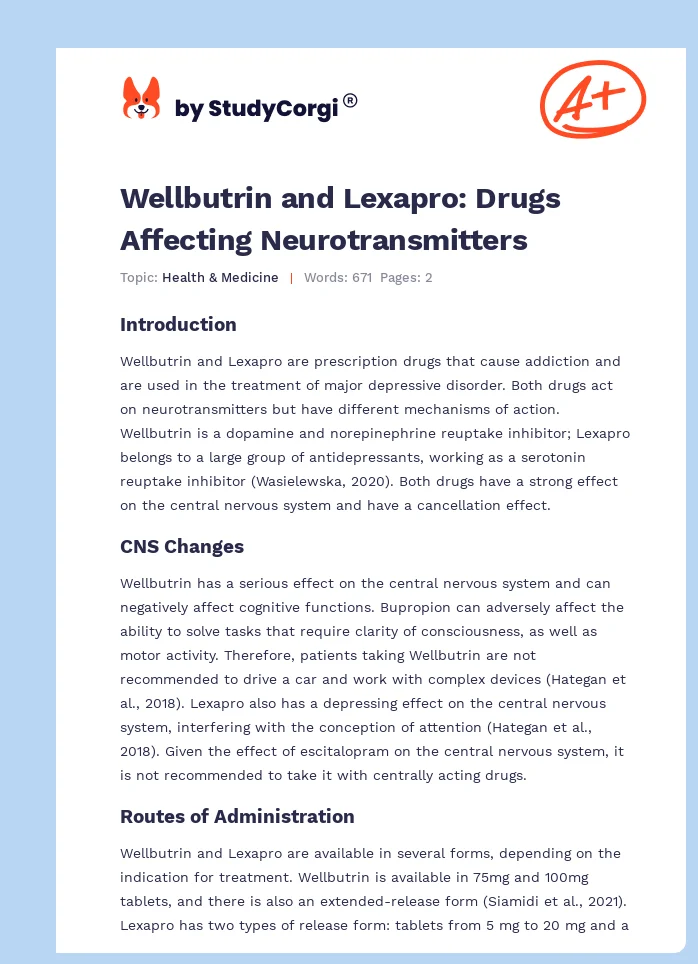 Wellbutrin and Lexapro: Drugs Affecting Neurotransmitters. Page 1