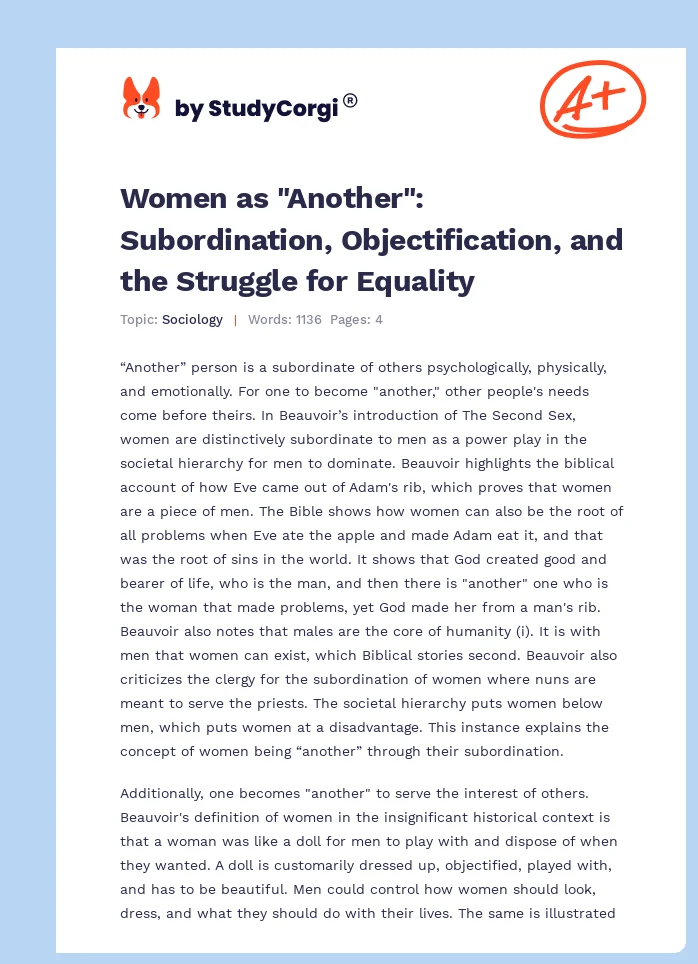 Women as "Another": Subordination, Objectification, and the Struggle for Equality. Page 1