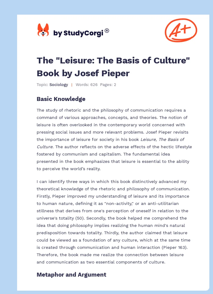 The "Leisure: The Basis of Culture" Book by Josef Pieper. Page 1