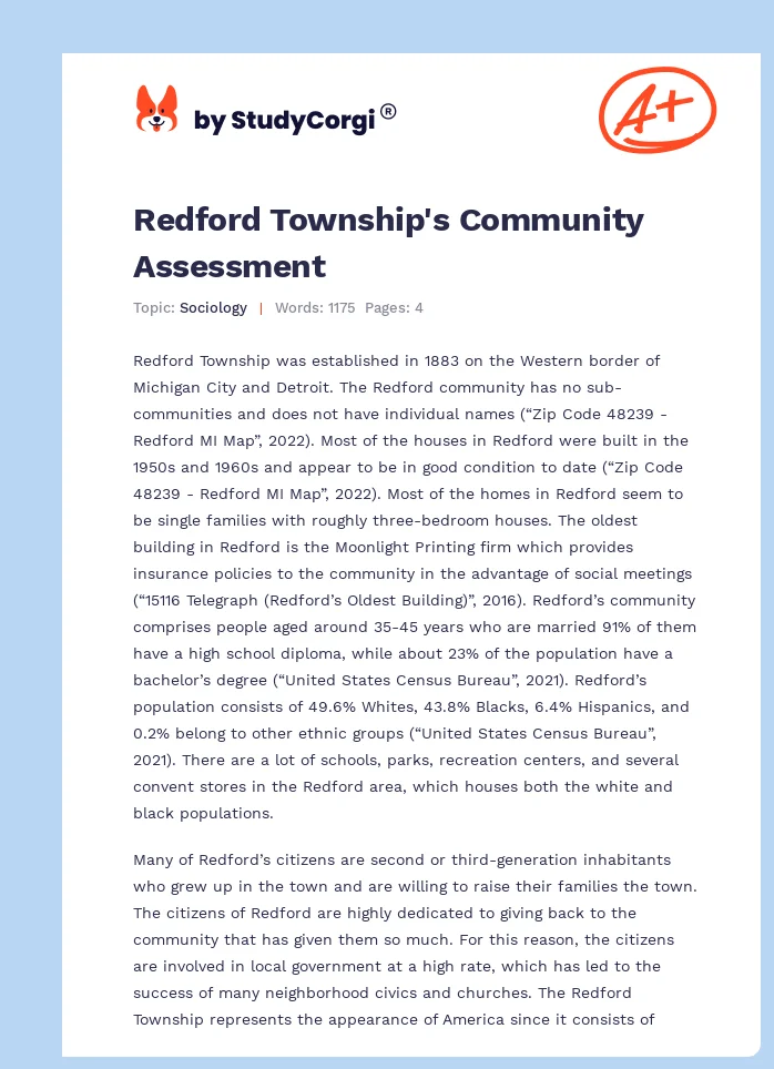 Redford Township's Community Assessment. Page 1
