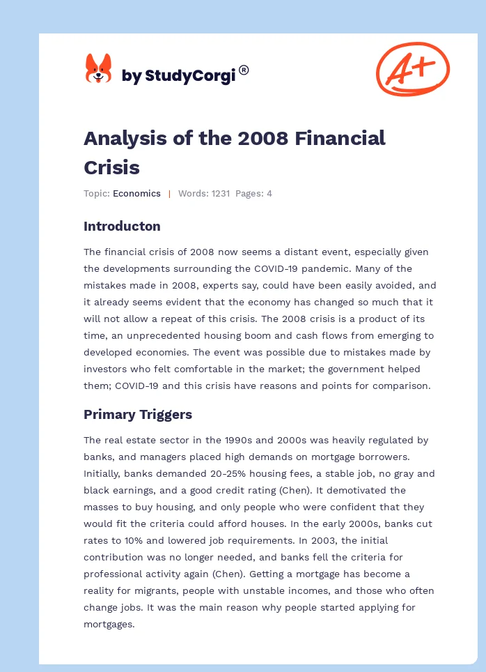 Analysis of the 2008 Financial Crisis. Page 1