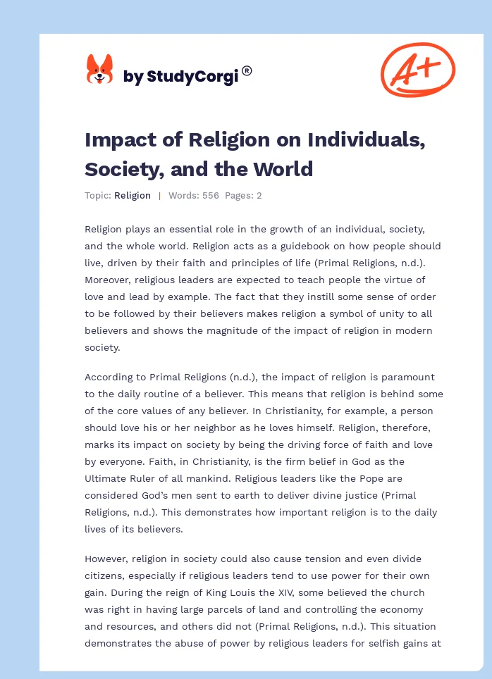 Impact of Religion on Individuals, Society, and the World. Page 1